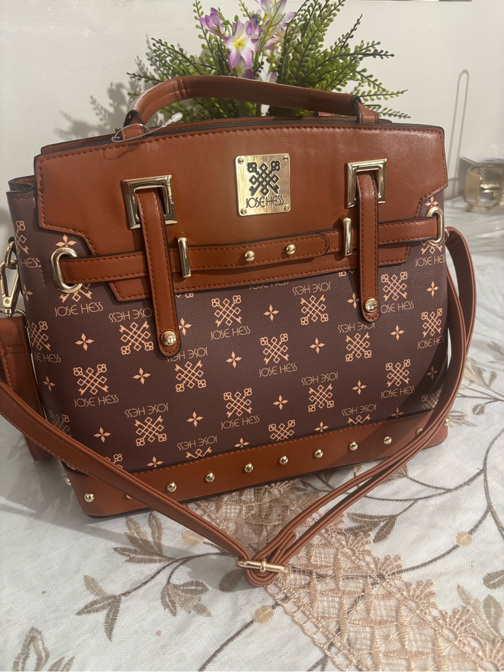 Jose Hess Brown Signature Satchel with Gold Hardware